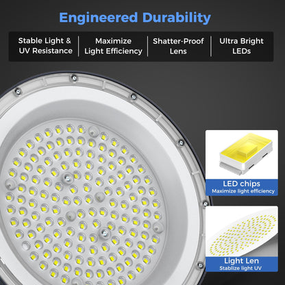 AIKVSXER 6 Pack 200W UFO LED High Bay Light, 30000LM 6000K Daylight LED Shop Lights, IP65 Waterproof Commercial Bay Lighting with Plug for Warehouse Garage Lights Workshop Gym Factory