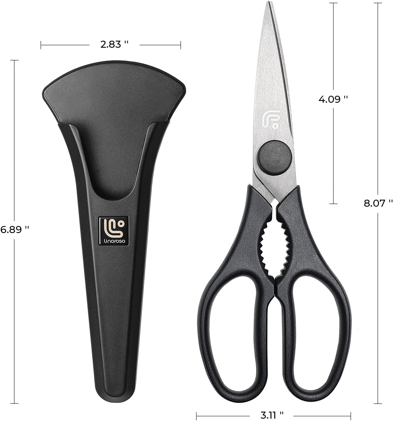 Linoroso Kitchen Shears - Heavy Duty Scissors with Magnetic Holder | Dishwasher Safe, Japanese Steel for Meat & Vegetables, Black