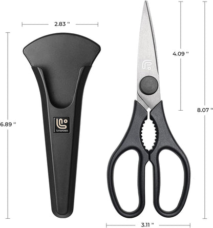 Linoroso Kitchen Shears - Heavy Duty Scissors with Magnetic Holder | Dishwasher Safe, Japanese Steel for Meat & Vegetables, Black
