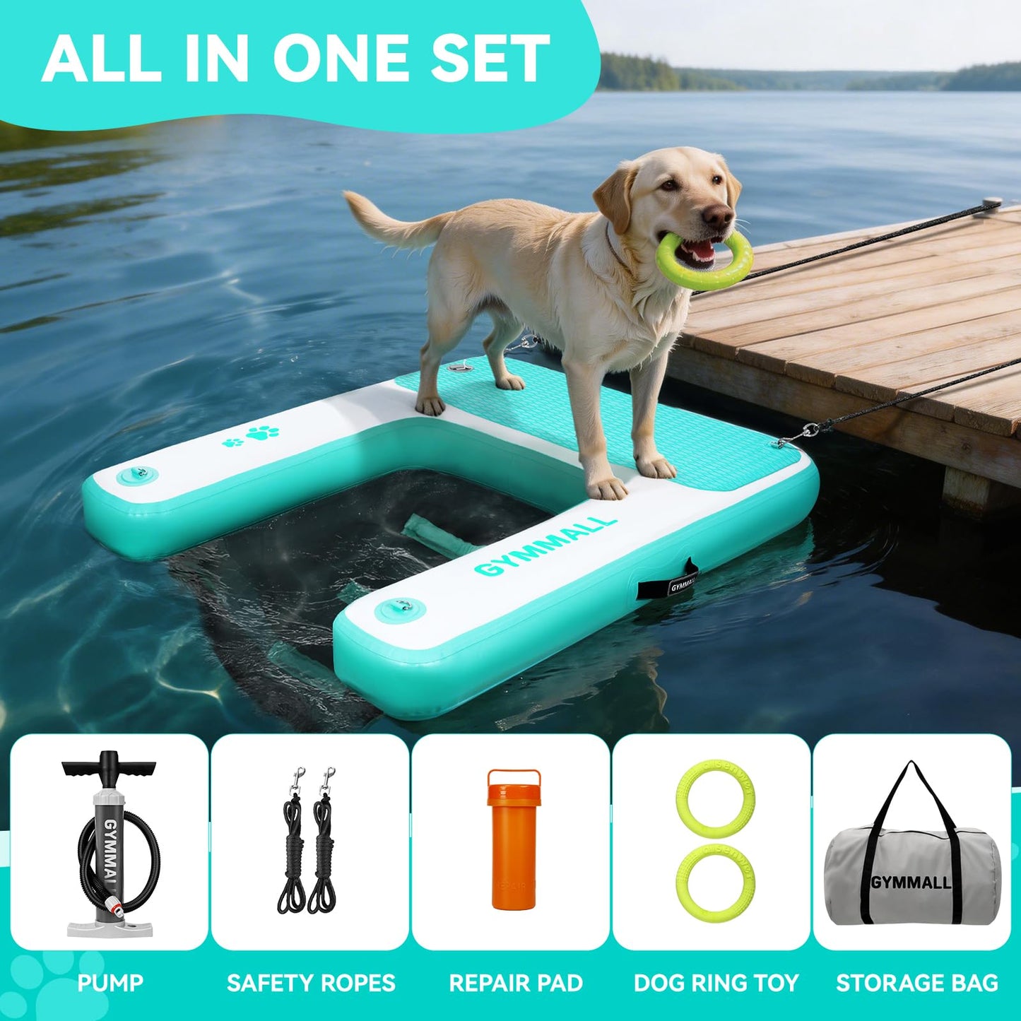 GYMMALL Dog Water Ramp 47 * 40inch Inflatable Pet Floating Platform Green, Dog Dock Ramp for Boat Pool Lake Sea, Non-Slip Pool Water Ramp for Dogs up to 220lbs, EVA Float Ramp Dog Water Ladder