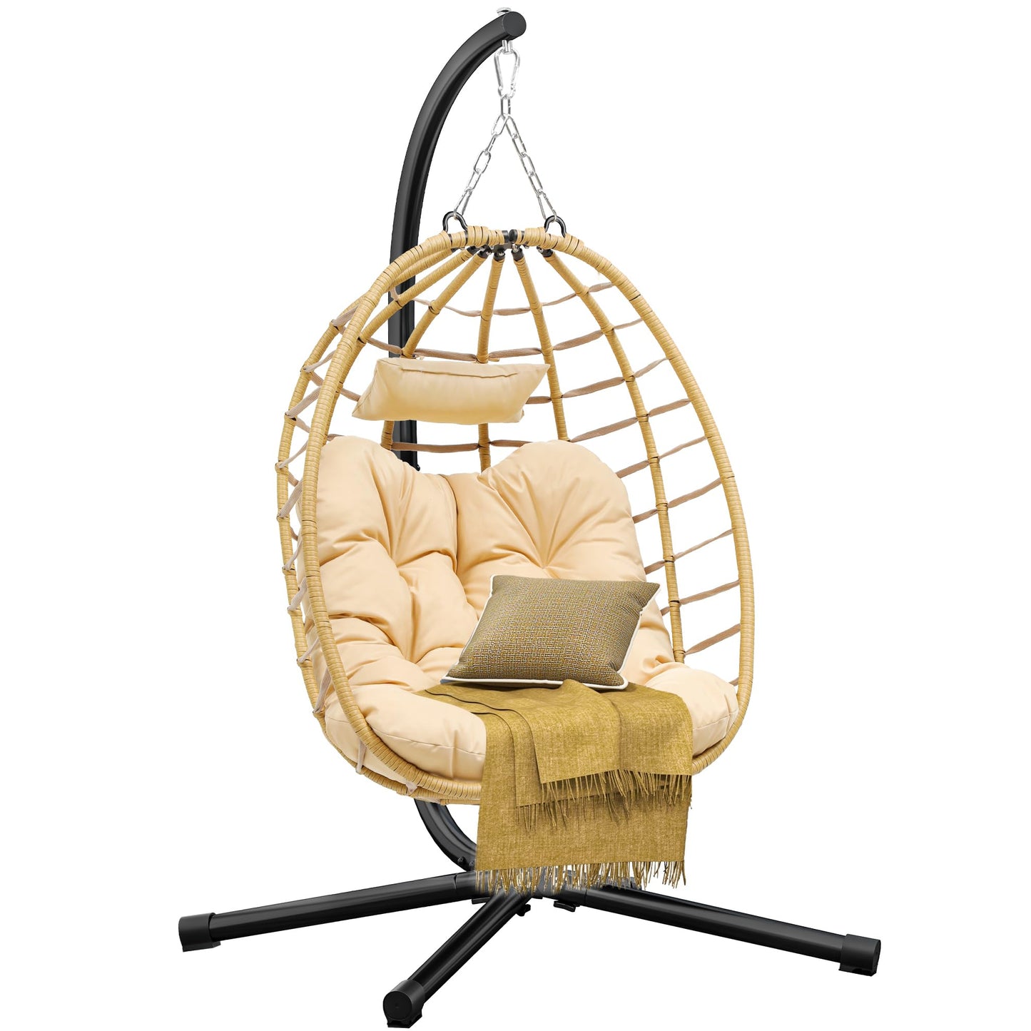 DWVO Egg Hanging Swing Chair with Stand Egg Chair Wicker Indoor Outdoor Hammock Egg Chair with Cushions 330lbs for Patio, Bedroom, Garden and Balcony, Beige
