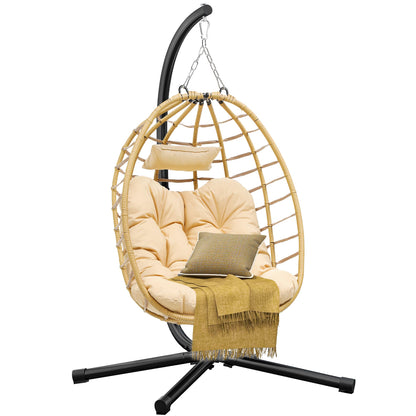 DWVO Egg Hanging Swing Chair with Stand Egg Chair Wicker Indoor Outdoor Hammock Egg Chair with Cushions 330lbs for Patio, Bedroom, Garden and Balcony, Beige