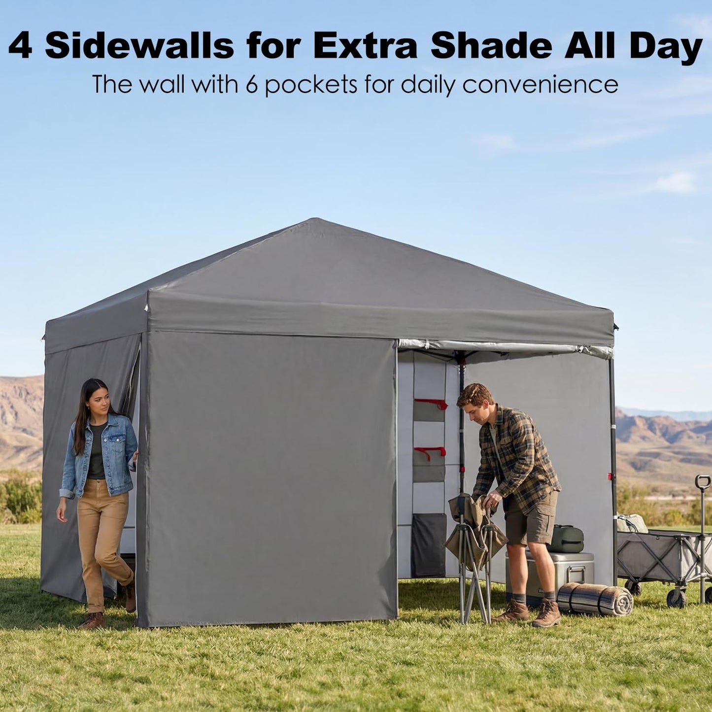 GAFETE 10X10 Comercial Instant Pop Up Canopy Tent with 4 Sidewalls, One Push Setup Center Lock, Portable Sun Shade Shelter for Beach Patio Outdoor Events, Case, 8 Stakes, 4 Ropes, 4 Sandbags (Gray)