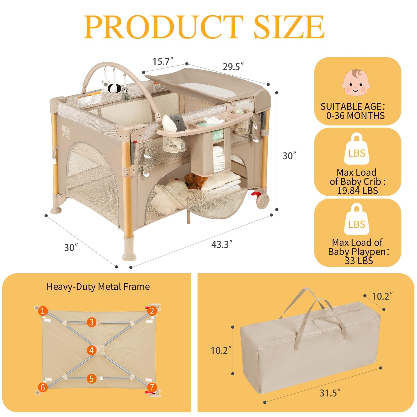 Baby Bassinet Bedside Crib for Travel with One-Hand Setup 5-in-1 Foldable Baby Playpen, Portable Pack and Play with Bassinet,Diaper Changer & Adjustable Mattress for Newborn to Toddler (Khaki)