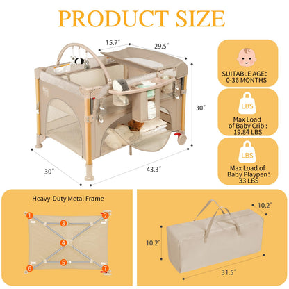 Baby Bassinet Bedside Crib for Travel with One-Hand Setup 5-in-1 Foldable Baby Playpen, Portable Pack and Play with Bassinet,Diaper Changer & Adjustable Mattress for Newborn to Toddler (Khaki)