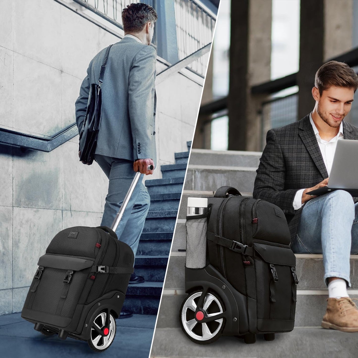 MATEIN Rolling Backpack for Men with Wheels, 17 Inch Large Wheeled Backpack with Combination Lock, Water Resistant Anti Theft Travel Laptop Backpack for Adults Work Business, Black
