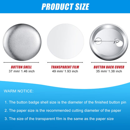 300 Pieces Blank Button Making Supplies Round Badge Parts Metal Pin Badge Kit for Button Maker Machine, Including Metal Shells Back Cover and Clear Film(1.46 Inch,Silver)