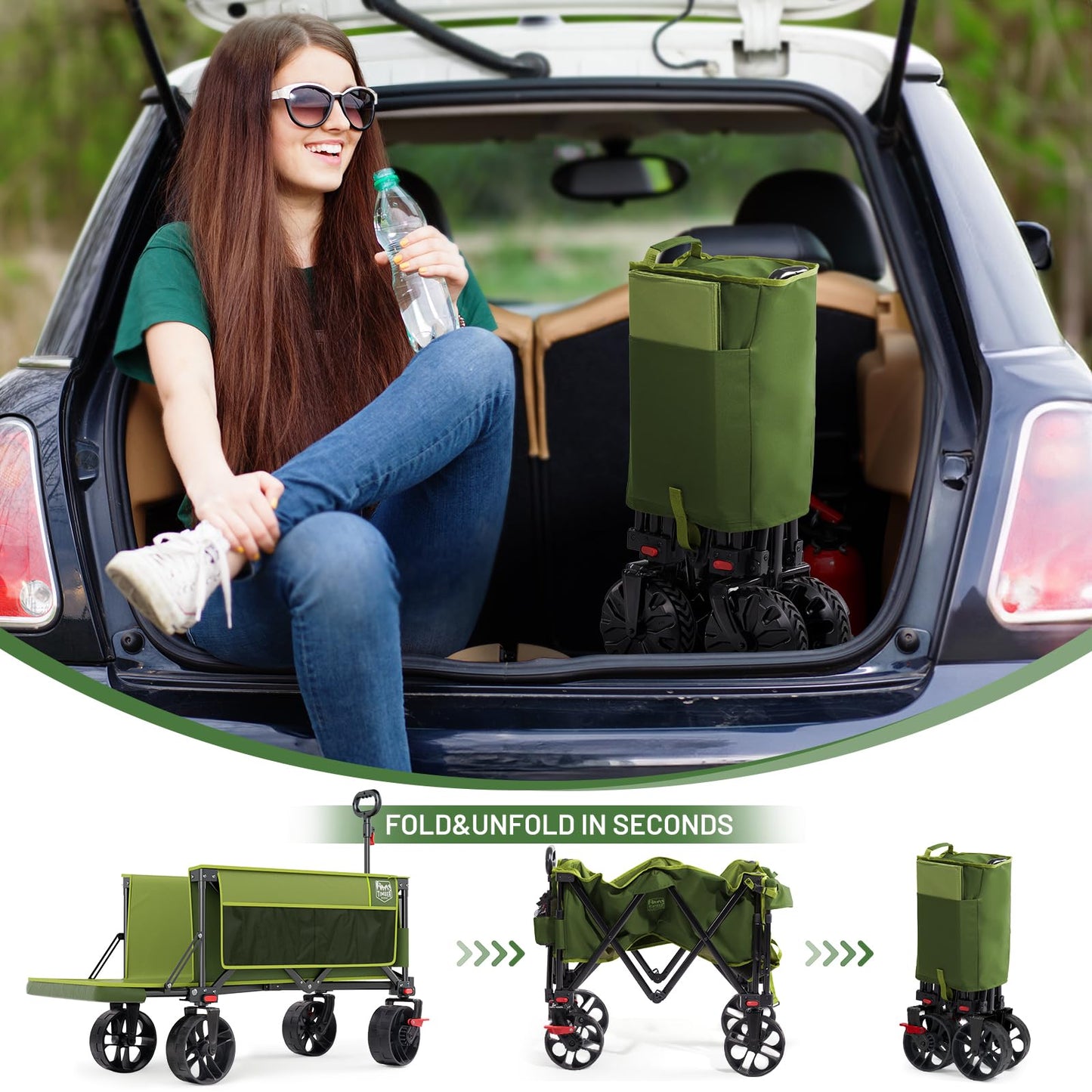 Timber Ridge 47" L Collapsible Wagon with Tailgate & Brake, 300 lbs Heavy Duty Beach Wagon with All-Terrain Big Wheels, 250L Foldable Utility Cart for Sand Camping Sports Shopping, Green