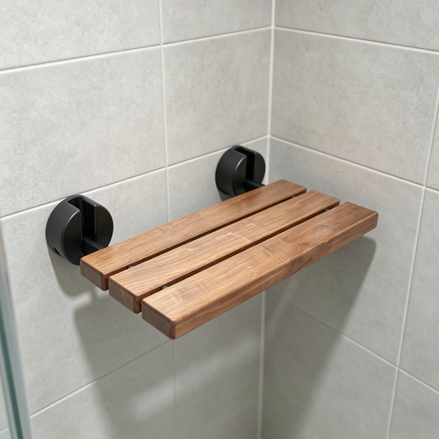 DIYHD 20" Premium Burmese Teak Wood Folding Shower Seat,Black Wall Mounted Folding Bench, Solid Teak Wood with Stainless Steel Bars, 330 lbs Capacity, 14” W x 20” D, Fits 16” Stud Spacing
