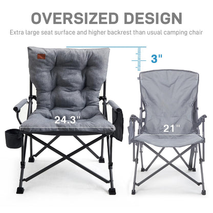 EVER ADVANCED Padded Oversized Folding Camping Chair for Adults, Heavy Duty Lawn Chair with Side Pockets, Portable Collapsible Quad Chair for Outside, Support Up to 500lbs, Grey