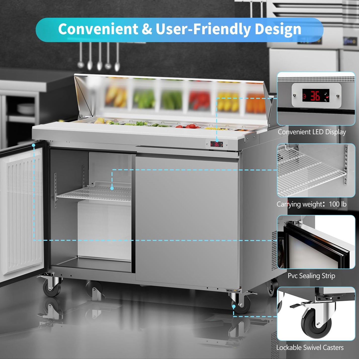 FreezLabs 48“ Commercial Refrigerator Sandwich&Salad Prep Table Fridge with 12 Pans 2 Door Stainless Steel Counter Fan Cooling Refrigerators