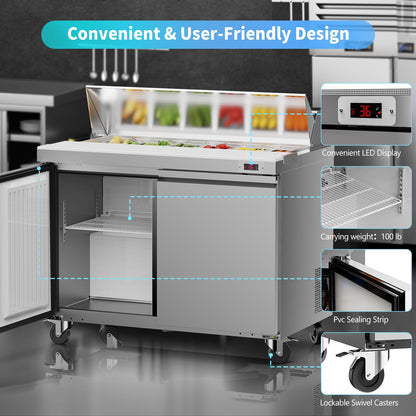 FreezLabs 48“ Commercial Refrigerator Sandwich&Salad Prep Table Fridge with 12 Pans 2 Door Stainless Steel Counter Fan Cooling Refrigerators