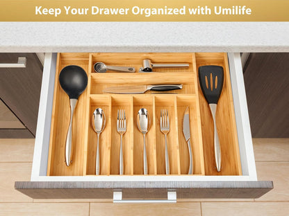 Umilife Bamboo Wood Silverware Organizer - Large Expandable Utensils Drawer Divider, 2.5" Adjustable Height