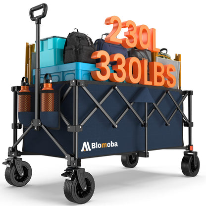 Collapsible Wagon Cart, 330LBS Heavy Duty Folding Cart with Wheels 360° Rotation, Built-in Brakes, Flexible Handle, Portable Utility Wagon for Grocery Sports Garden Shopping Camping, Blue