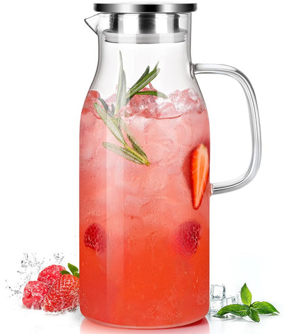 LUNA&MANTHA Glass Pitcher, 2 Liter 68oz Water Pitcher with Lid and Spout, Large Ice Tea Jug for Fridge, Thick Drink Jug with Handle for Juice, Coffee, Borosilicate Glass Carafe Hot/Cold Beverage