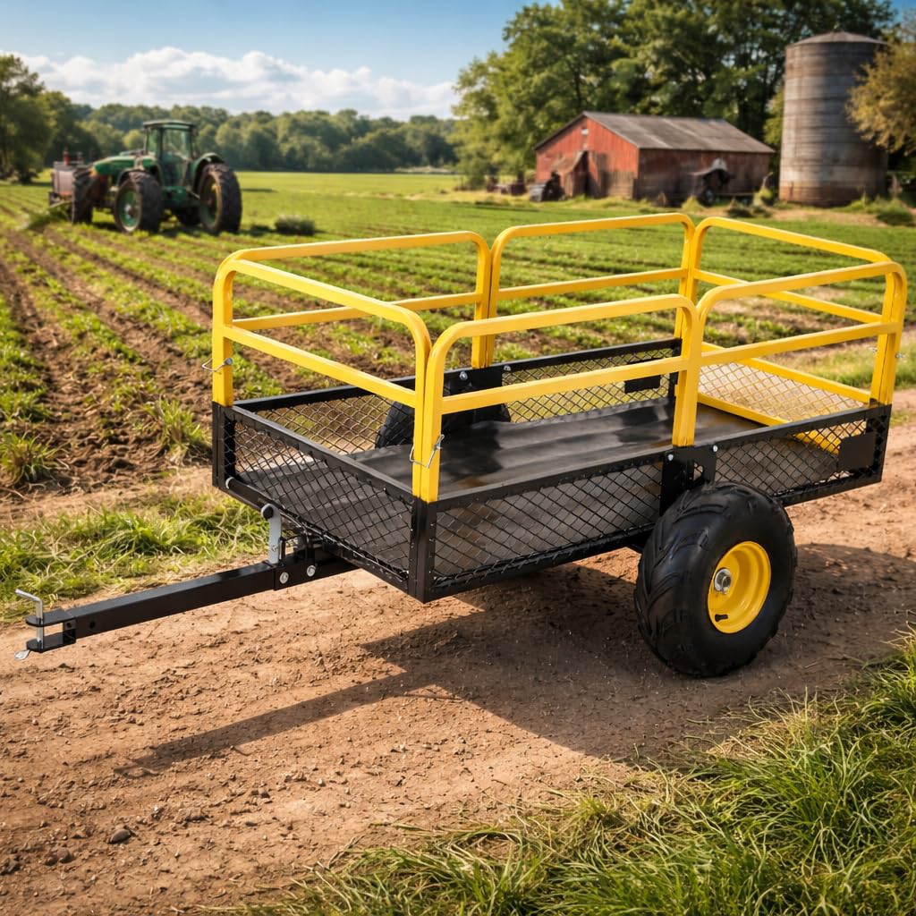 ATV UTV Trailer Tow Behind Dump Cart, 1600 lbs 22 Cubic Feet Heavy Duty Yard Garden Trailer Pull Behind with Removable Sides & All Terrain Tires, Fits Lawn Mower, Tractor, Garden