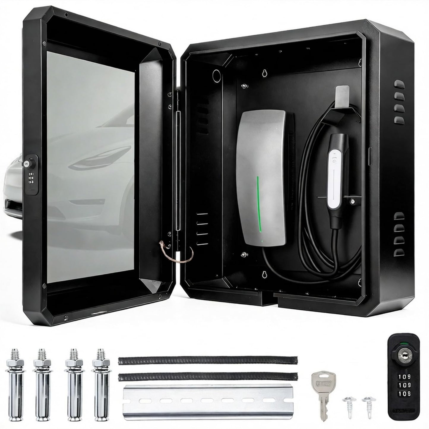 EV Charger Outdoor Lock Box – Wall-Mount Enclosure for Tesla Model Y/3/S/X & Most EV Chargers ≤17”×10”×7” – Weatherproof Anti-Theft with Multiple Cable Entry