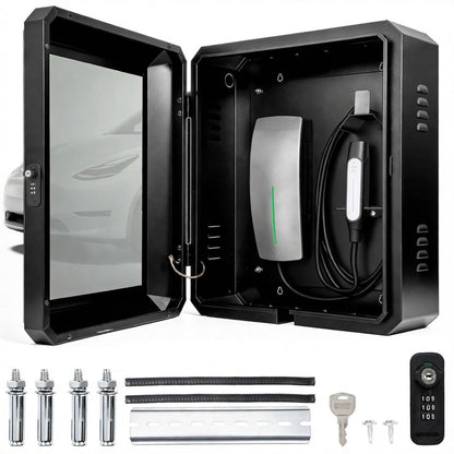 EV Charger Outdoor Lock Box – Wall-Mount Enclosure for Tesla Model Y/3/S/X & Most EV Chargers ≤17”×10”×7” – Weatherproof Anti-Theft with Multiple Cable Entry