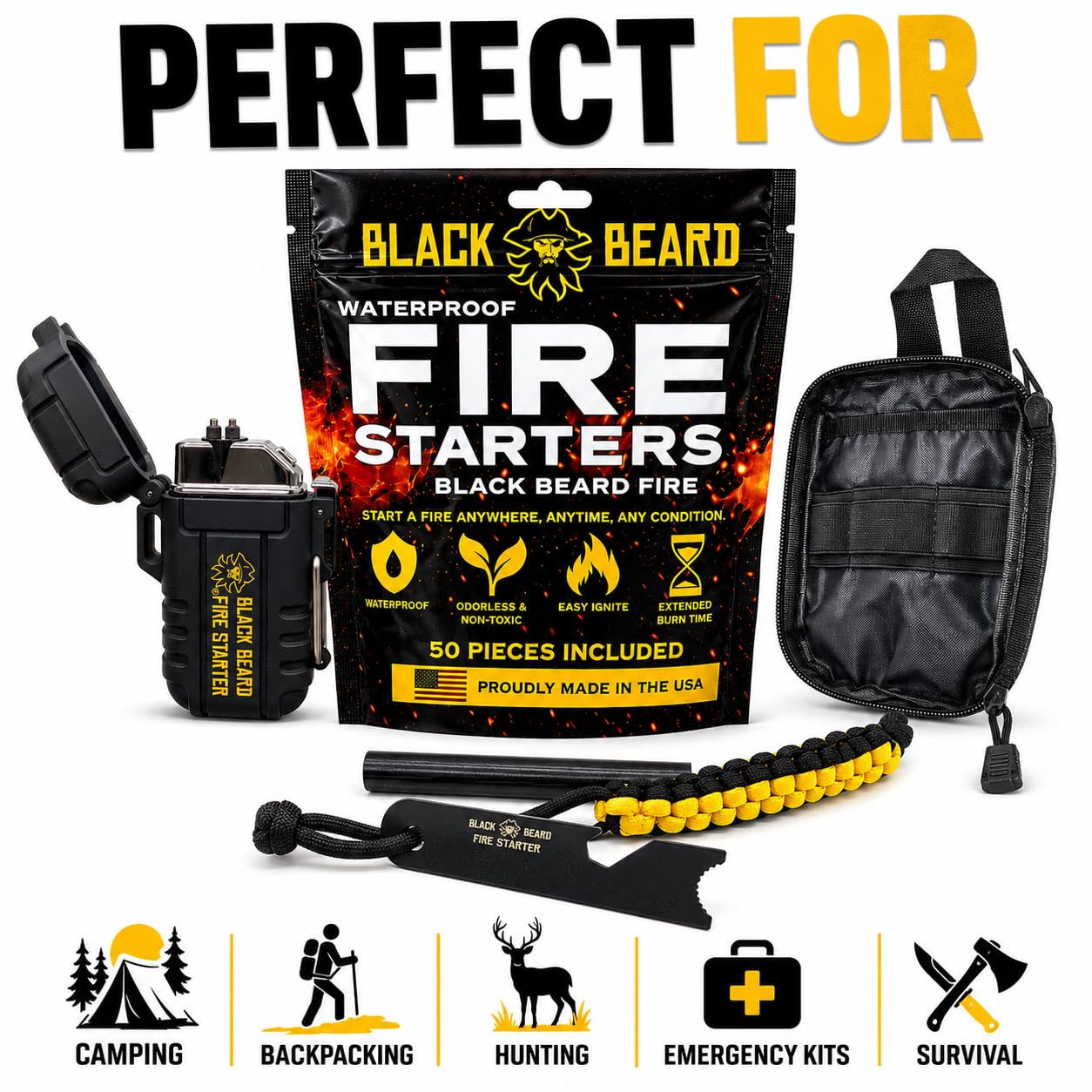 Black Beard Fire Plug Kit - 50 Waterproof Fire Plugs, Arc Lighter, Ferro Rod and Organizer Case for Camping, Backpacking and Emergency Survival