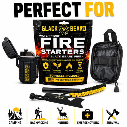Black Beard Fire Plug Kit - 50 Waterproof Fire Plugs, Arc Lighter, Ferro Rod and Organizer Case for Camping, Backpacking and Emergency Survival