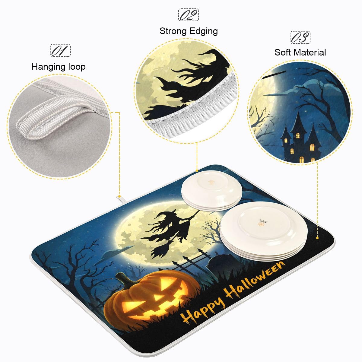 Bolaz Halloween Night Witch Bat Dish Drying Mat, Extra Large, 18" x 24", Black, Rectangular