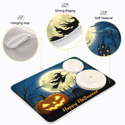 Bolaz Halloween Night Witch Bat Dish Drying Mat, Extra Large, 18" x 24", Black, Rectangular