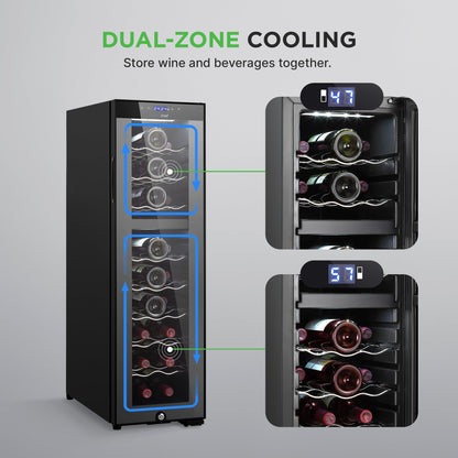 NutriChef 24 Bottle Wine Fridge | Dual Zone Chiller | Adjustable Temperature 41°F to 64°F | Ultra Quiet Operation | Wine Cooler for Home, & Office | FreeStanding 39x11x23 in (Black)