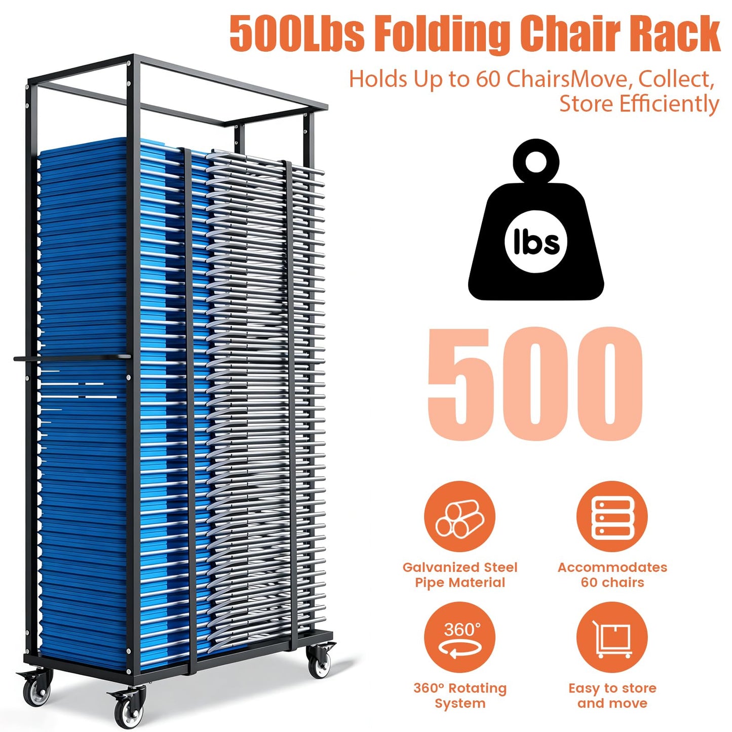 Folding Chair Rack, Folding Chair Cart with Wheels Heavy Duty, 500 LBS Capacity for 60 Chairs Chair and Table Cart w/Dust Cover and 2 Binding Ropes, 80”Lx42”Wx20”H