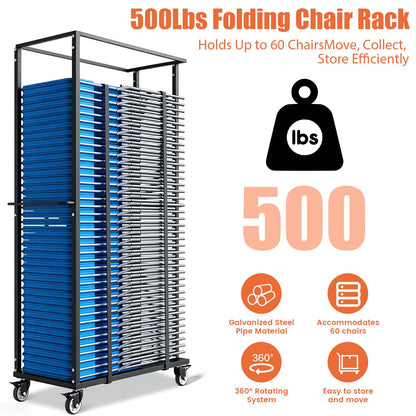 Folding Chair Rack, Folding Chair Cart with Wheels Heavy Duty, 500 LBS Capacity for 60 Chairs Chair and Table Cart w/Dust Cover and 2 Binding Ropes, 80”Lx42”Wx20”H