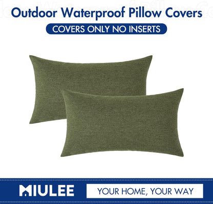 MIULEE Decorative Outdoor Throw Pillow Covers - Waterproof Faux Linen Cushion Cases | 20x12 Inch Dark Green (Pack of 2)
