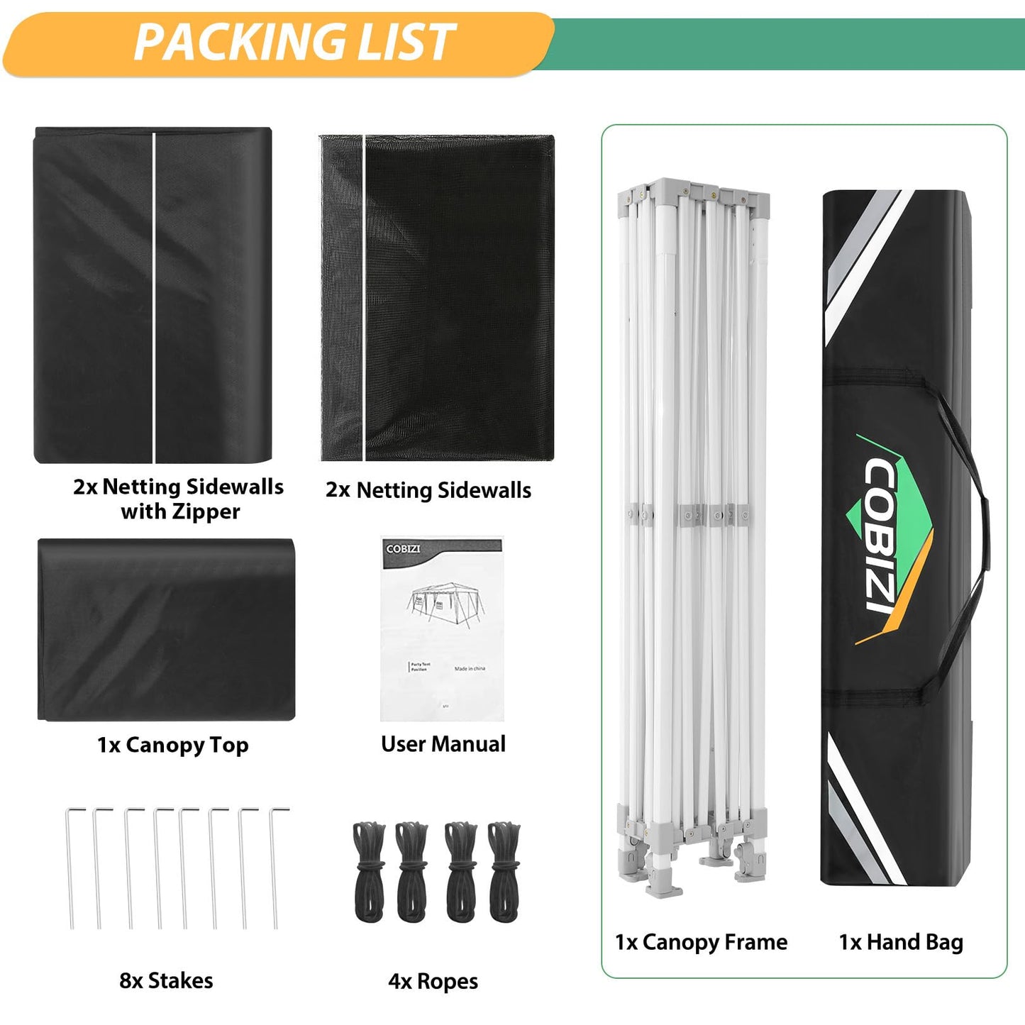 COBIZI 10x15 Canopy Tent with 4 Sidewalls,Heavy Duty Pop up Canopy with Mosquito Netting,Easy up Screen Tent for Parties Wedding Patio with Handbag,Black