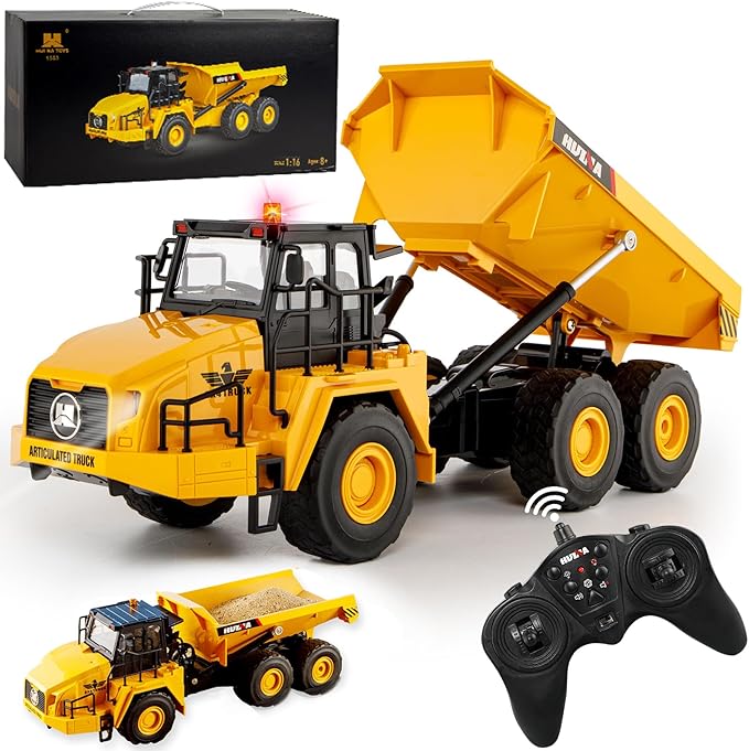 16.5 Inch Remote Control Dump Truck 11-Channels 1/16 Scale 6.6LBS Load Capacity RC Heavy Duty Semi Alloy Construction Vehicles Toy for Boys Kids 8y+ 12y+ (6-Wheels)
