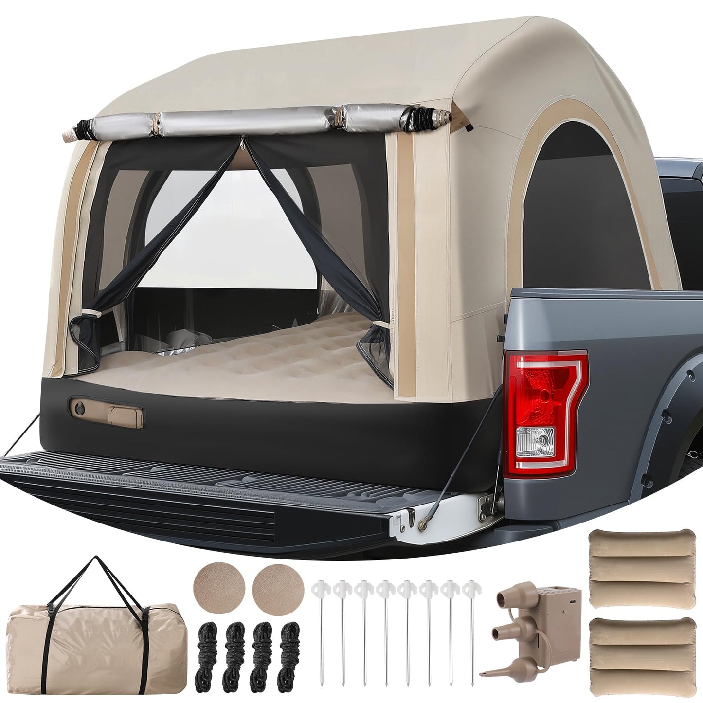 OPP ULITE All-in-One Truck Bed Tent Auto Inflate Deflate Built in Pump 4.92FT, PU2000mm Waterproof Pickup Tent Air Mattress Camping Travel Outdoor Activities for Ford F150, Silverado, Tundra