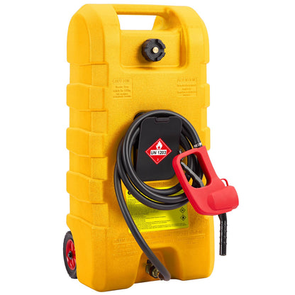 15 Gallon Portable Fuel Tank Caddy with Manual Transfer Pump – Heavy-Duty Gas Storage Toolbox – 10FT Hose – Leak-Proof, Mobile Fuel Container for Cars, Boats, Lawn Mowers, ATVs – Yellow