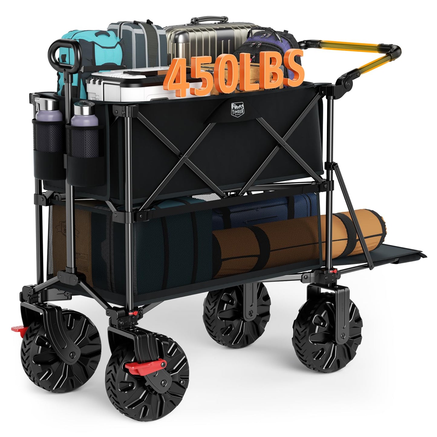 TIMBER RIDGE Push & Pull Double Decker Wagon, 400L Large Capacity Heavy Duty & 450lb Load, Collapsible Cart with All-Terrain Wheels & Brakes, 54” Extended Foldable for Sports, Beach, Camping, Black