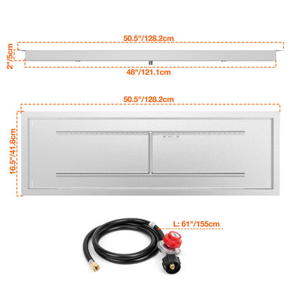 Onlyfire 48 x 14 Inch Drop-in Fire Pit Pan Kit, Rectangular Stainless Steel Propane Gas Firepit Pan Kit with H Burner, Spark Ignition and Propane Hose Kit for Indoor or Outdoor DIY Fire Pit Fireplace