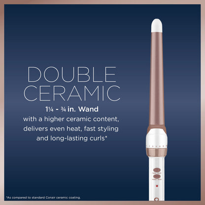 Conair Double Ceramic 1 1/4-inch to 3/4-inch Curling Wand, Tapered Wand Produces Beachy Waves, White
