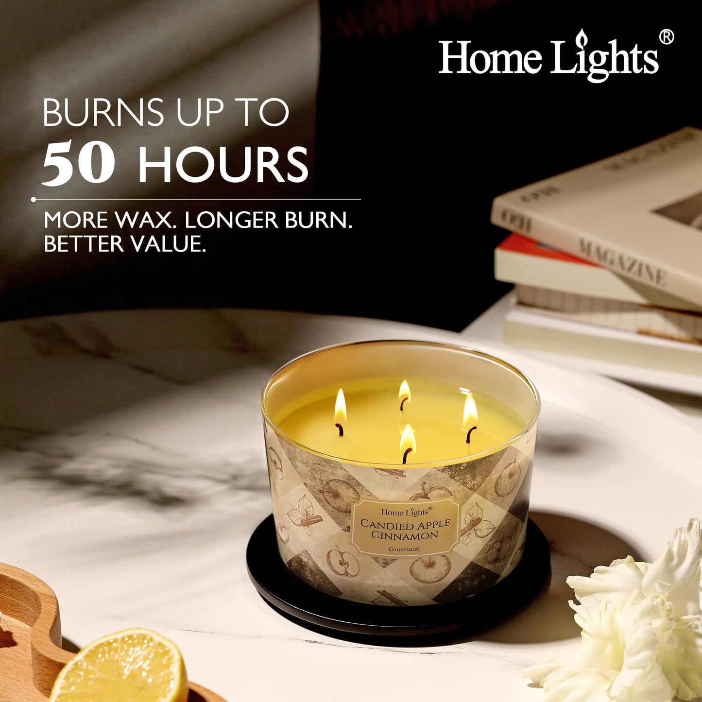 HomeLights Large jar Candle | 4-Wick Long-Lasting Scented Candles, 18oz Natural Soy Wax Candle for Home Scented, Rustic Modern Gifts for Women & Men, Candied Apple Cinnamon