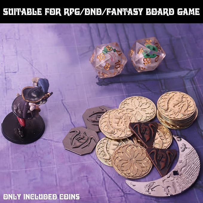 145PCS Metal DND Coins &amp Leather Bag Contains 60 Gold Coins 40 Sliver Coins 40 Copper Coins and 5 Platinum Coins Tokens with Glow in The Night Eyes Bag for RPG Tablelap Games