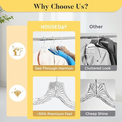 HOUSE DAY Clear Plastic Hangers - Durable 12-Pack Crystal Dress Hangers for Women | 16.7'' Versatile Design with 360° Swivel Hook