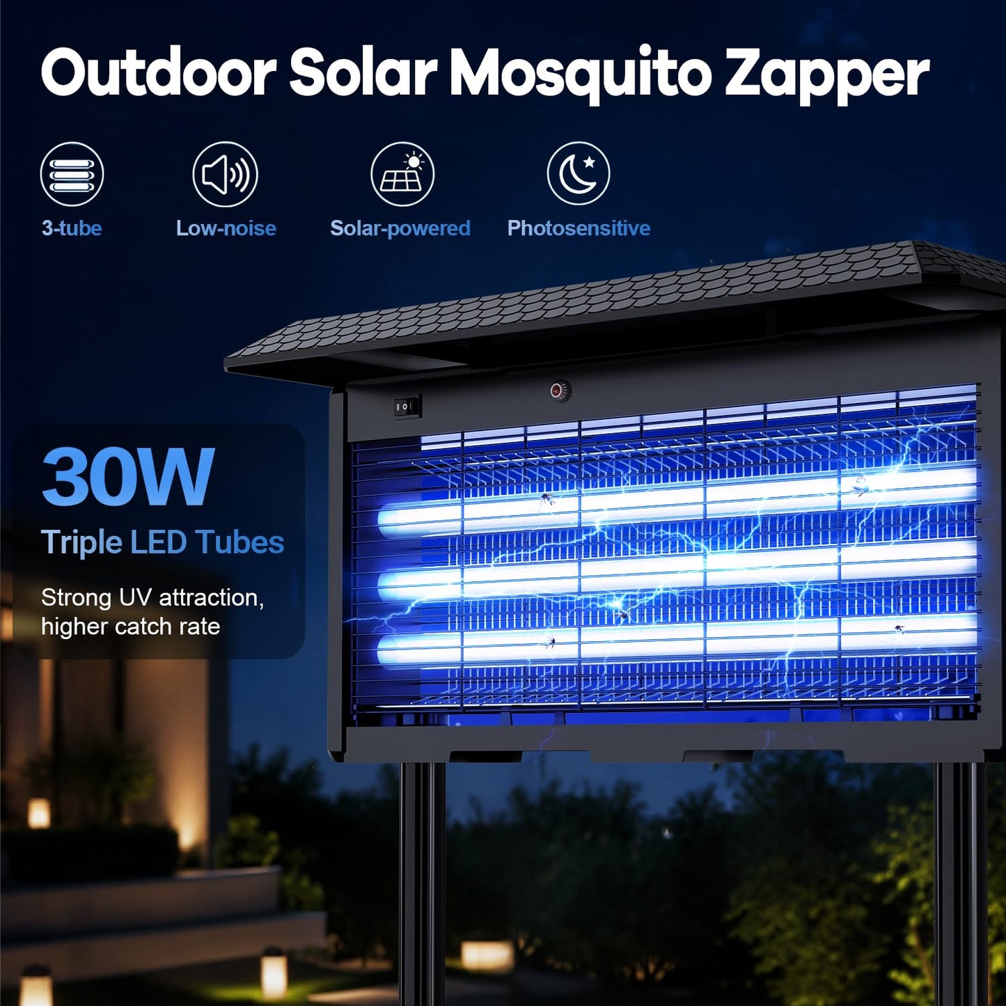 Solar Bug Zapper Outdoor, 30W Mosquito Zapper for 3500 sq.ft, Waterproof Fly Killer, Rechargeable Electric Mosquito Killer, Auto On/Off Dusk to Dawn, Cordless Insect Trap for Patio, Yard, Garden, Home