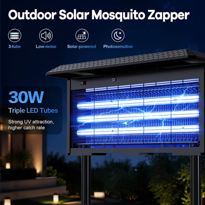 Solar Bug Zapper Outdoor, 30W Mosquito Zapper for 3500 sq.ft, Waterproof Fly Killer, Rechargeable Electric Mosquito Killer, Auto On/Off Dusk to Dawn, Cordless Insect Trap for Patio, Yard, Garden, Home