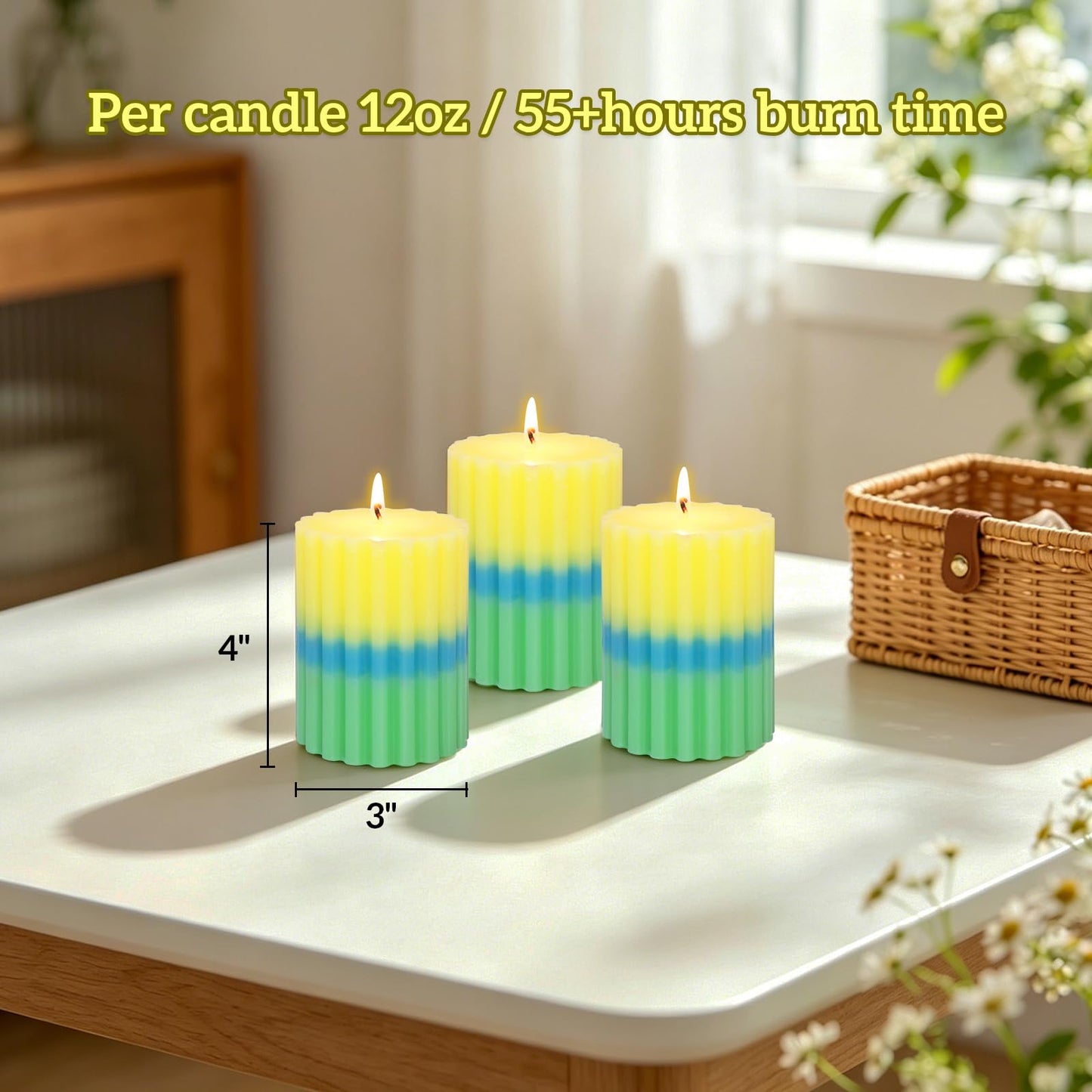 FLAVCHARM Ribbed Pillar Candles 3x4 Inch Lemon Scented Candles Long Lasting Burn Dripless Striped Pillar Candle 3 Pack Aesthetics Aromatherapy Candle for Home Party Summer Decoration Housewarming Gift