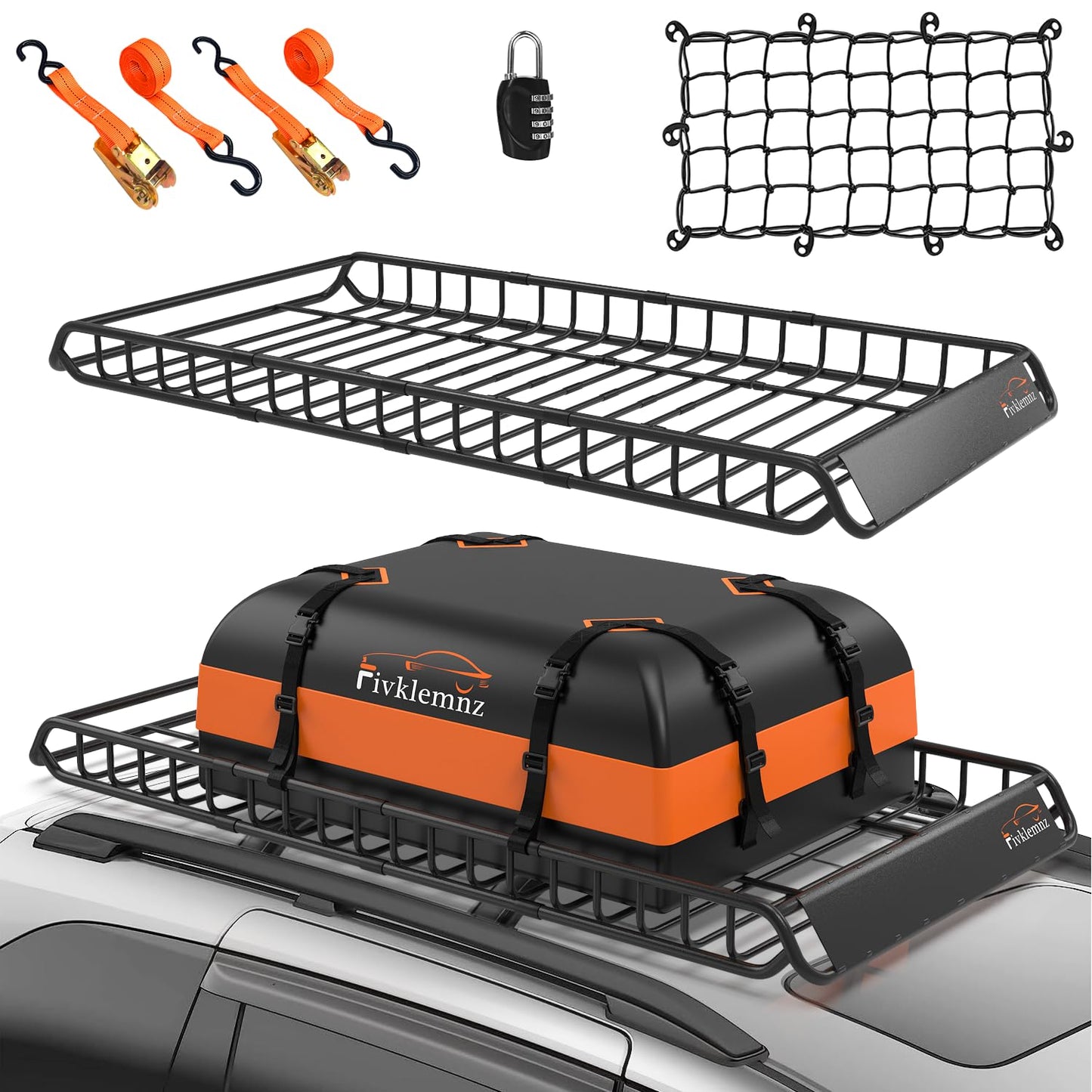 Roof Rack Cargo Carrier, Universal Roof Basket (77"x 36"x 5") + 15 Cubic Feet Waterproof Rooftop Cargo Carrier Bag (46"x 34"x 17") with Bungee Net, Ratchet Straps, Storage Bag, Luggage Lock (X-Large)