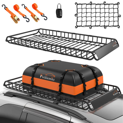 Roof Rack Cargo Carrier, Universal Roof Basket (77"x 36"x 5") + 15 Cubic Feet Waterproof Rooftop Cargo Carrier Bag (46"x 34"x 17") with Bungee Net, Ratchet Straps, Storage Bag, Luggage Lock (X-Large)