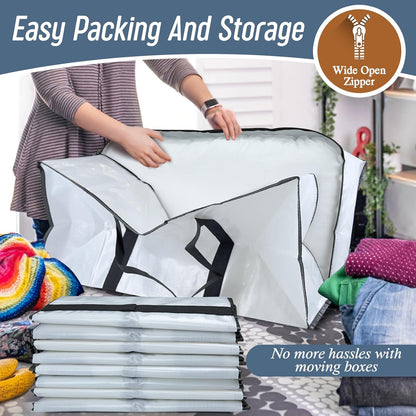 Skiennix Extra Heavy Duty Moving Bags - 6 Pack with Strong Zipper & Comfortable Handles | Durable White Storage Totes