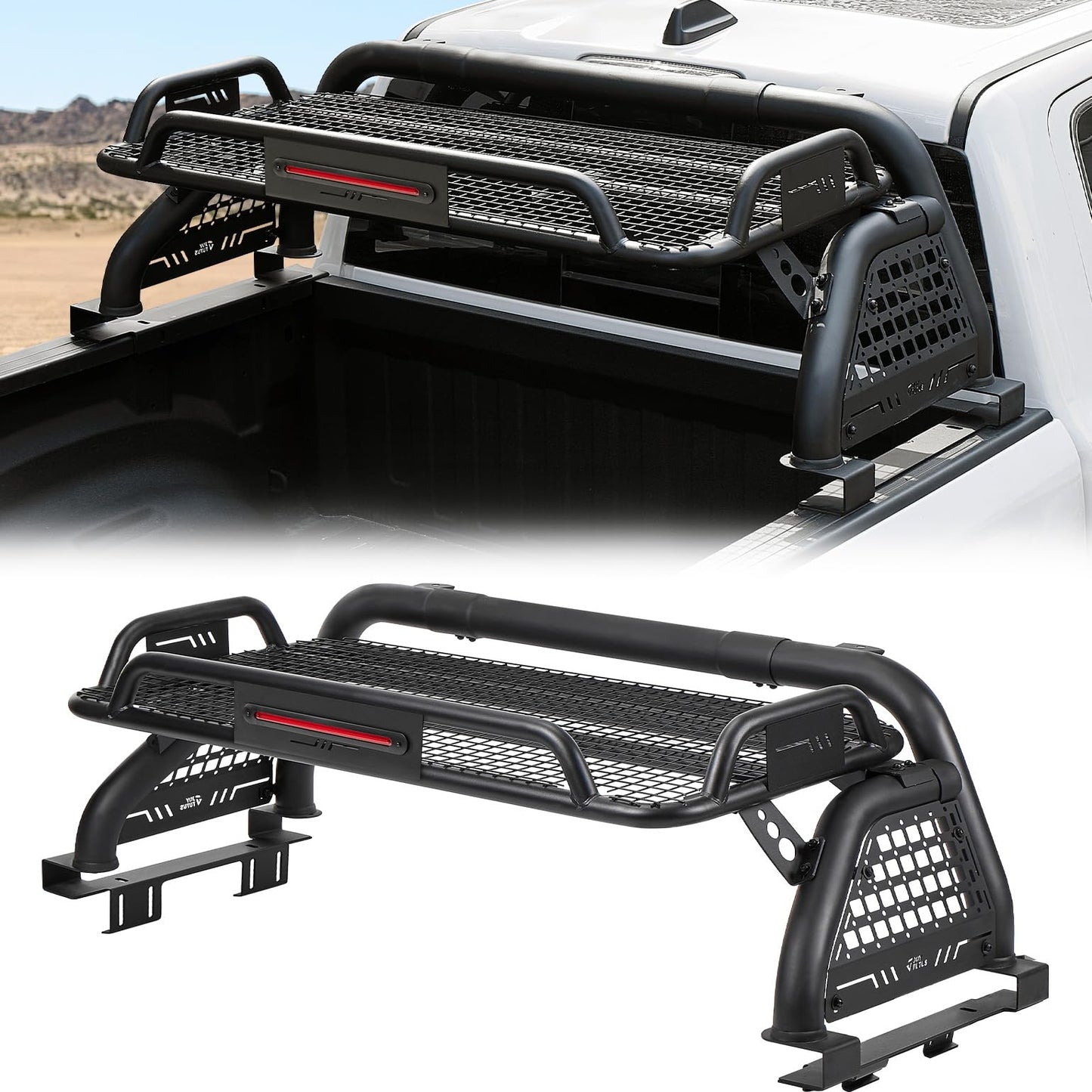 JOYTUTUS Roll Bar for Full Size Truck with Cargo Basket & Brake Light, Pickup Chase Rack Sports Bar Compatible with F150, F250, F350, Silverado, Sierra, Ram 1500 2500 3500, Tundra