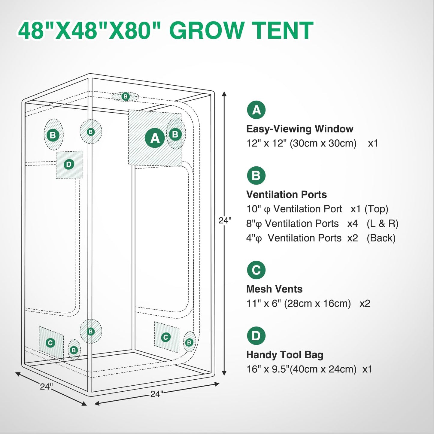 Yesker 4x4 Grow Tent 48"x48"x80" High Reflective Mylar Indoor Growing Tents 600D Oxford Cloth with Observation Window and Removable Floor Tray for Hydroponics Indoor Plants Fruit Flower Veg Growing