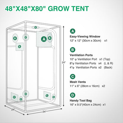 Yesker 4x4 Grow Tent 48"x48"x80" High Reflective Mylar Indoor Growing Tents 600D Oxford Cloth with Observation Window and Removable Floor Tray for Hydroponics Indoor Plants Fruit Flower Veg Growing