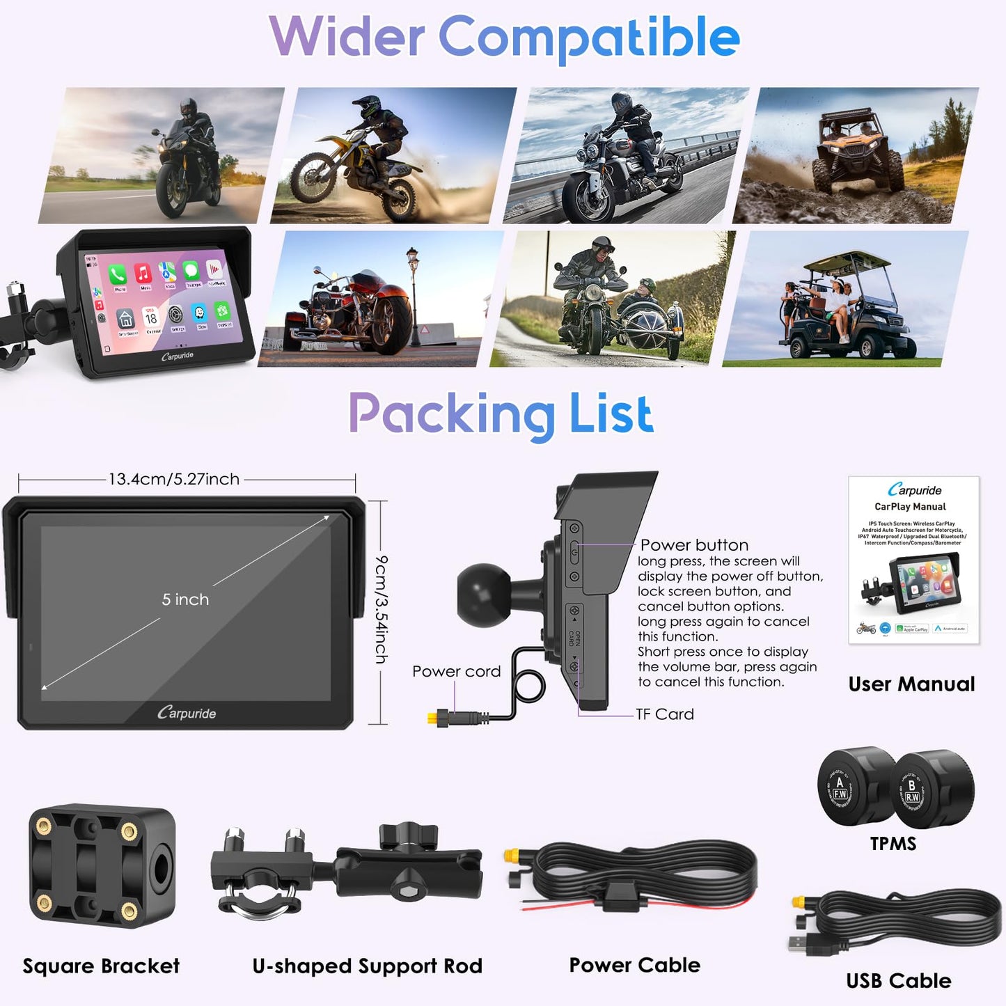 Carpuride W502TPRO for Motorcycle CarPlay& Android Auto& TPMS& Dual Bluetooth - 5" Waterproof GPS Navigation Screen for Motorbike, Music Sharing, Intercom, EQ, Light Sensor, Compass, Barometer
